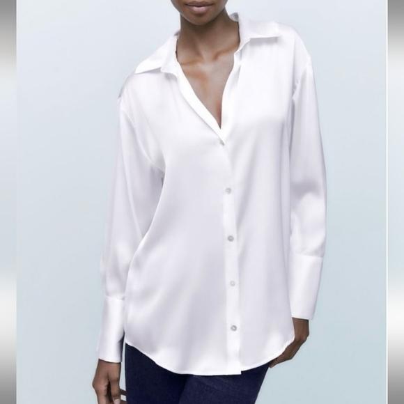 Zara Tops - Zara Satin Feel Button Up Ivory Blouse Small